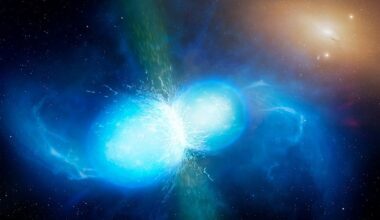 Artist's impression of neutron stars merging, producing gravitational waves (Credit : University of Warwick/Mark Garlick)