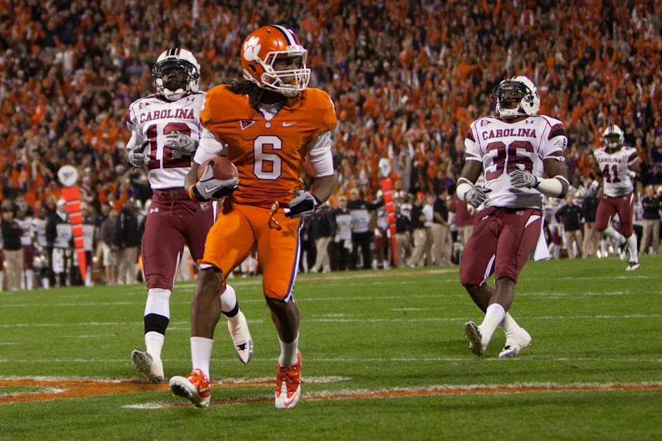 Nov 27, 2010; Clemson, SC, USA; Clemson Tigers wide receiver DeAndre Hopkins (6) scores a touchdown during the first quarter against the South Carolina Gamecocks at Memorial Stadium. Joshua S. Kelly-USA TODAY Sports