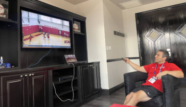 UNLV basketball coach Josh Pastner watches film in his office. (Callie Fin/Las Vegas Review-Jou ...