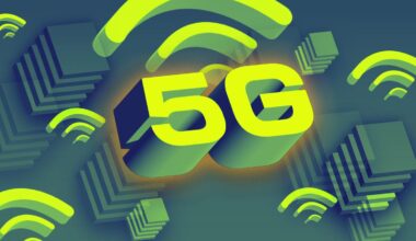 5G text surrounded by 3d stacked squares and Wi-Fi symbols on a gradient green background.
