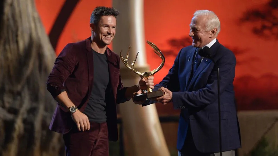 Astronaut Buzz Aldrin, pictured right, presented an award to Felix Baumgartner during Spike TV's Guys Choice 2013. - Jason Kempin/Getty Images