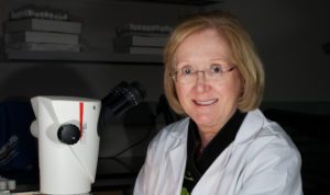 A woman wearing a white lab coat, Trudy Mackay,  sitting at microscope