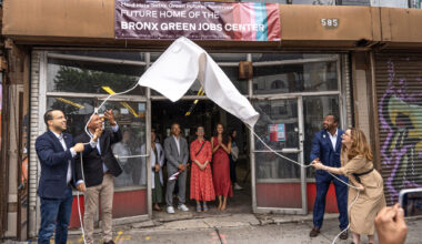 From left: NYC Councilmember Oswald Feliz, State Assemblymen George Alvarez and Landon Dais, and Fordham President Tania Tetlow. Photo: Chris Taggart