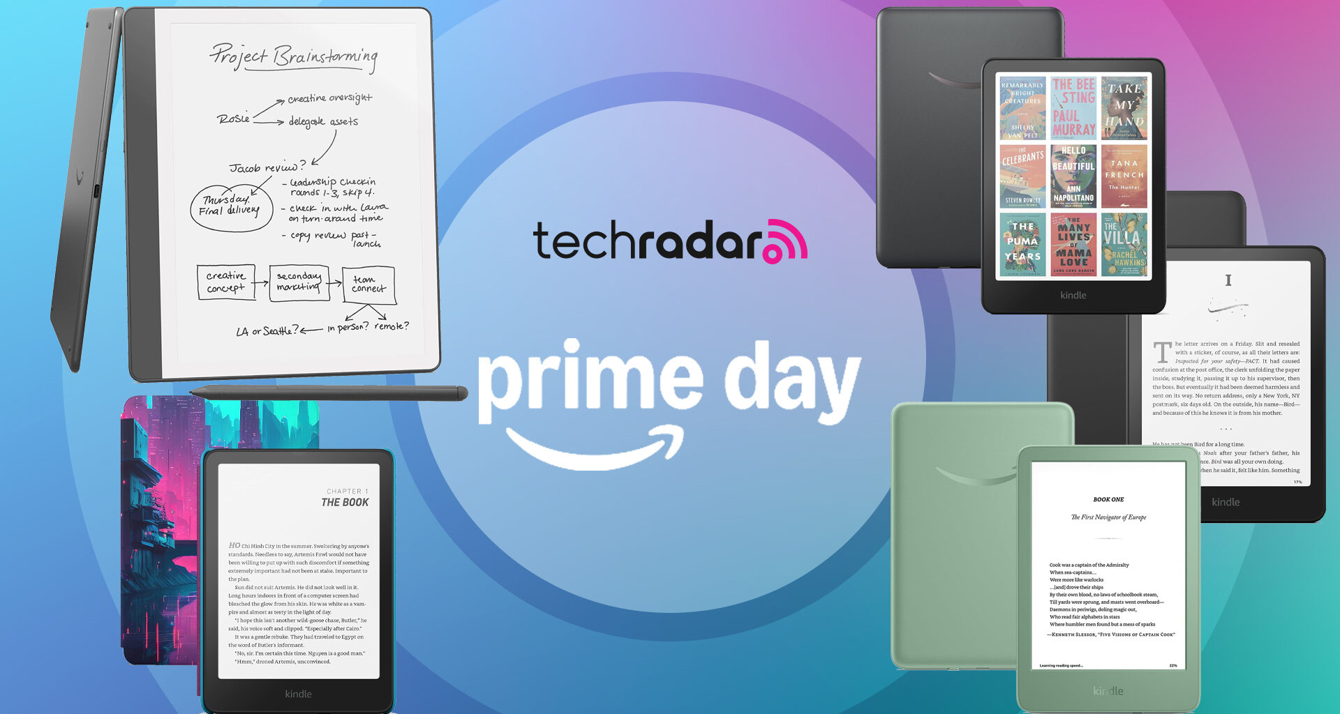 Amazon Prime Day banner with Amazon Kindle Scribe, Kindle Colorsoft, Kindle Paperwhite and Paperwhite Kids, and basic Kindle in Matcha green color
