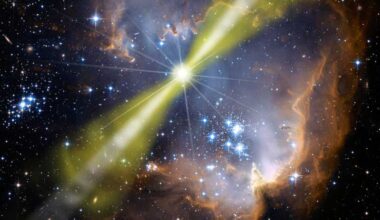 Artist's illustration of a bright gamma-ray burst occurring in a star-forming region. Energy from the explosion is beamed into two narrow, oppositely directed jets. (Credit :  NASA/Swift/Mary Pat Hrybyk-Keith)