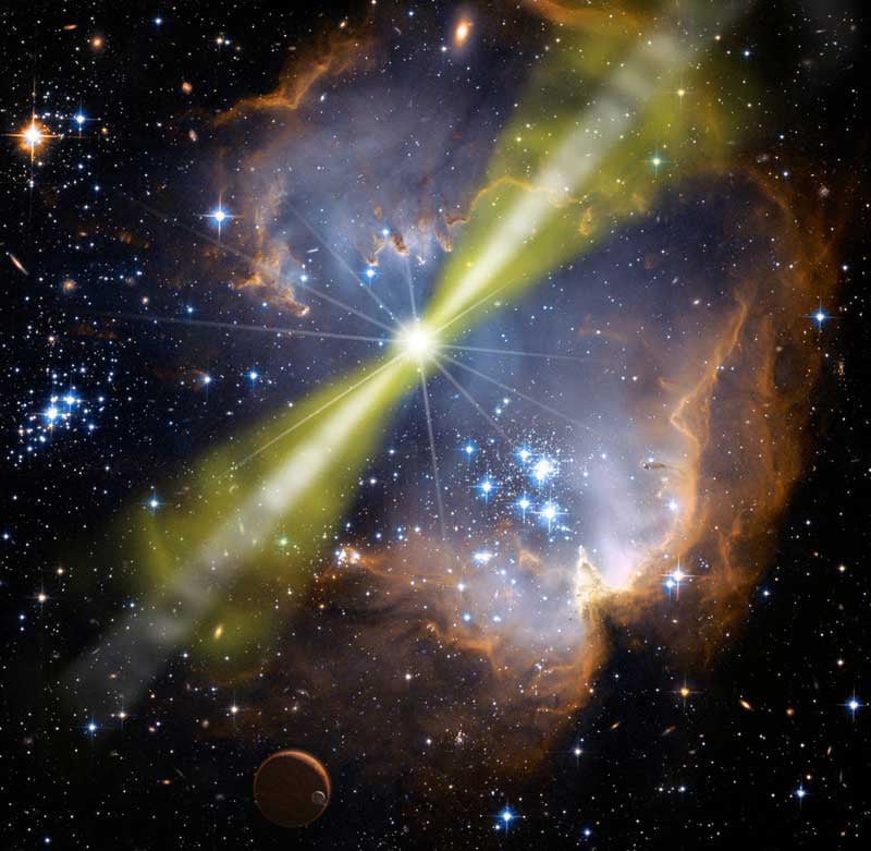 Artist's illustration of a bright gamma-ray burst occurring in a star-forming region. Energy from the explosion is beamed into two narrow, oppositely directed jets. (Credit :  NASA/Swift/Mary Pat Hrybyk-Keith)