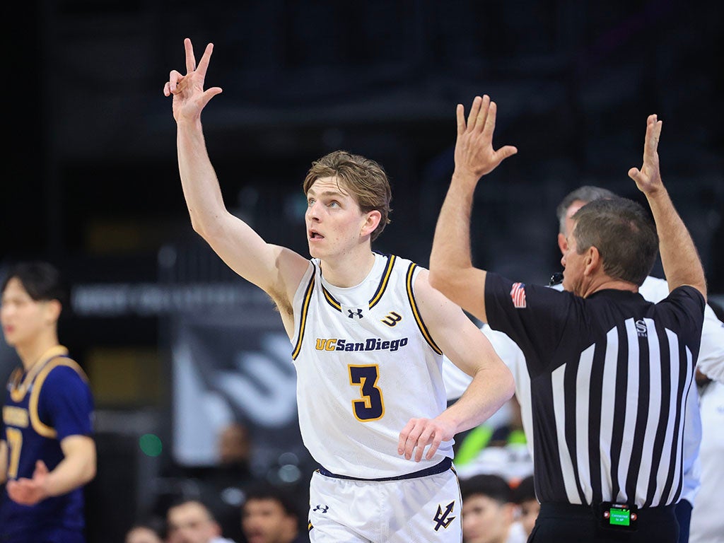 Hayden Gray #3 of the UC San Diego Tritons reacts after a three point basket during the Big West Men's Basketball Tournament Championship game against the UC Irvine Anteaters.