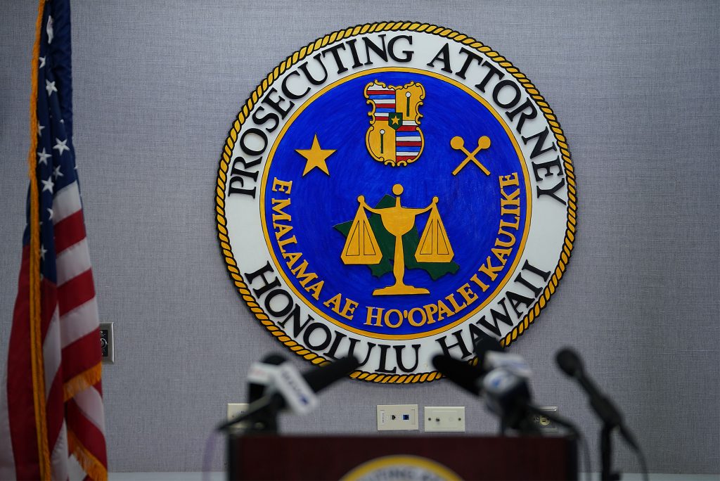 Honolulu Prosecutor podium before Prosecutor Steve Alm speaks to media about the Deede trial.