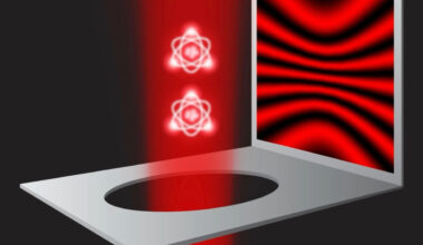 An illustration of two atoms in a beam of red light floating through a hole in a metal surface while a diffraction pattern of red and black light is next to them
