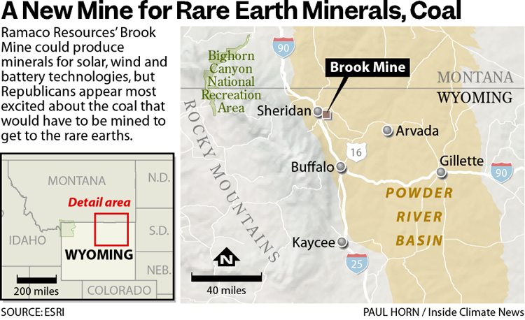 Graphic shows a map of the the area around the Brook Mine, near the Wyoming/Montana state line, with this text: "A New Mine for Rare Earth Minerals, Coal: Ramaco Resources' Brook Mine could produce minerals for solar, wind and battery technologies, but Republicans appear most excited about the coal that would have to be mined to get to the rare earths."