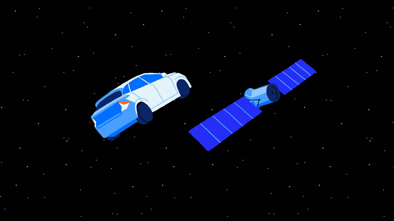 A cartoon-style illustration depicting a blue and white car floating in space near a blue satellite with solar panels, against a black starry background.