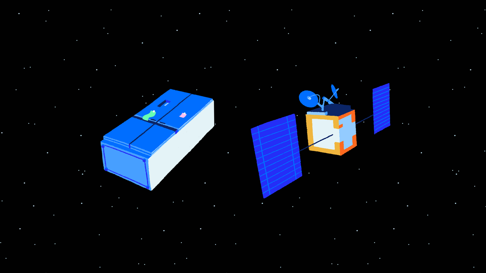 Two stylized satellites are floating in space against a starry black background. One satellite is rectangular with blue panels and a small green detail, while the other is boxy with an orange outline, a blue solar panel, and antennas on top.