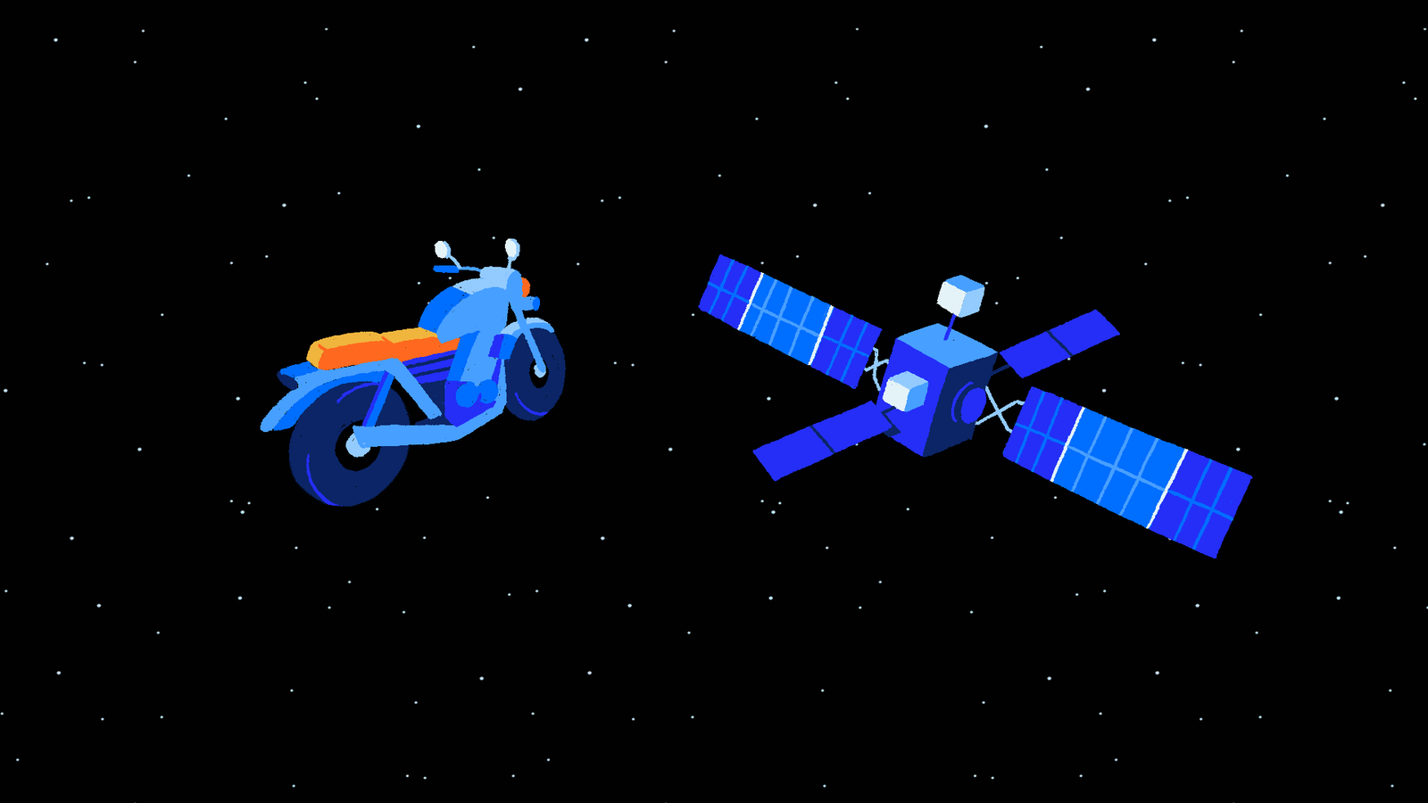 A stylized blue motorcycle with orange accents floating in space next to a blue satellite with solar panels, set against a black background filled with small stars.