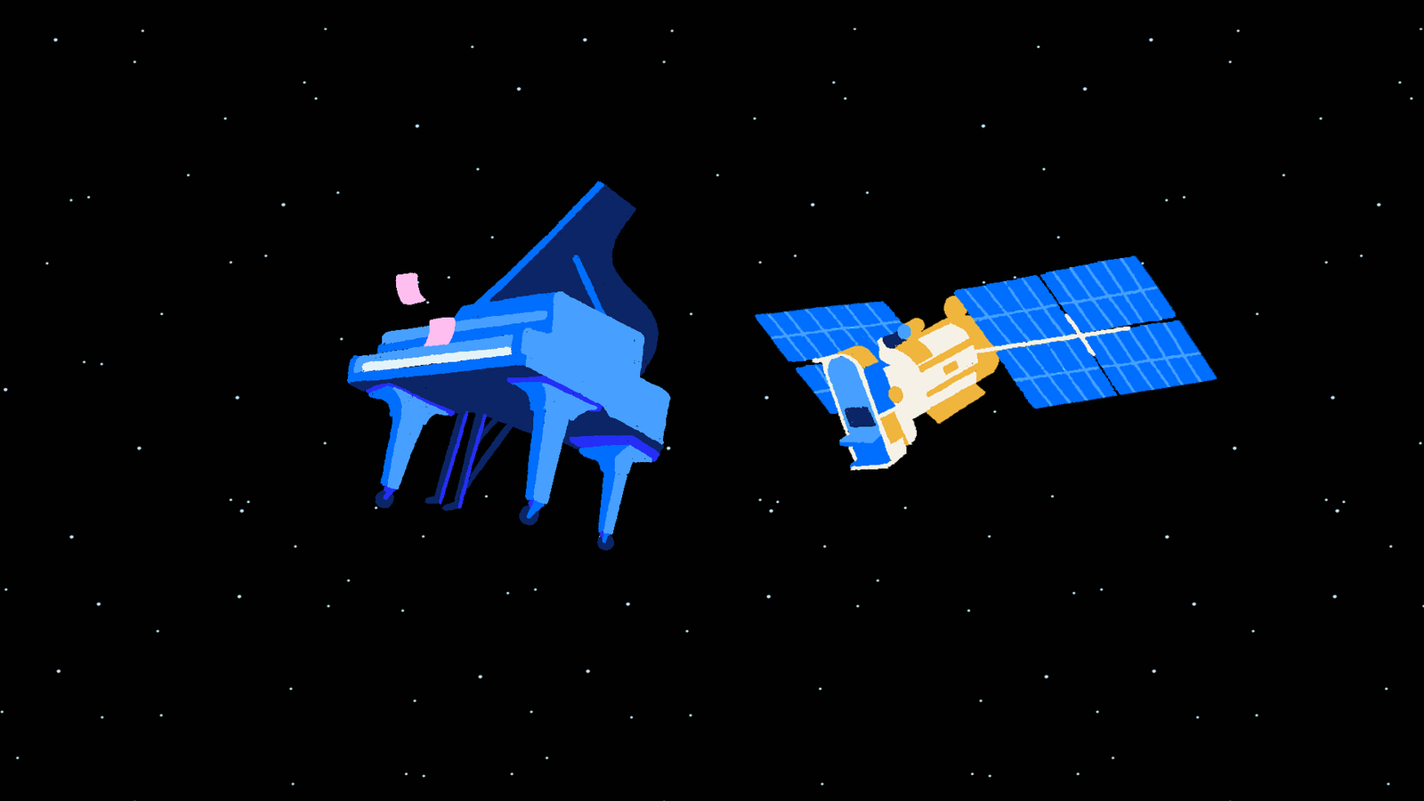 A blue grand piano floating in space with musical notes and a satellite equipped with solar panels nearby against a starry black background.