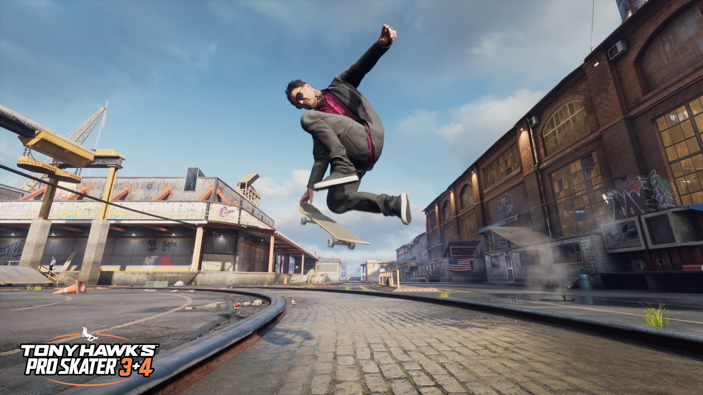 Bam Margera ollies into a grab trick in a screenshot from Tony Hawk’s Pro Skater 3 and 4