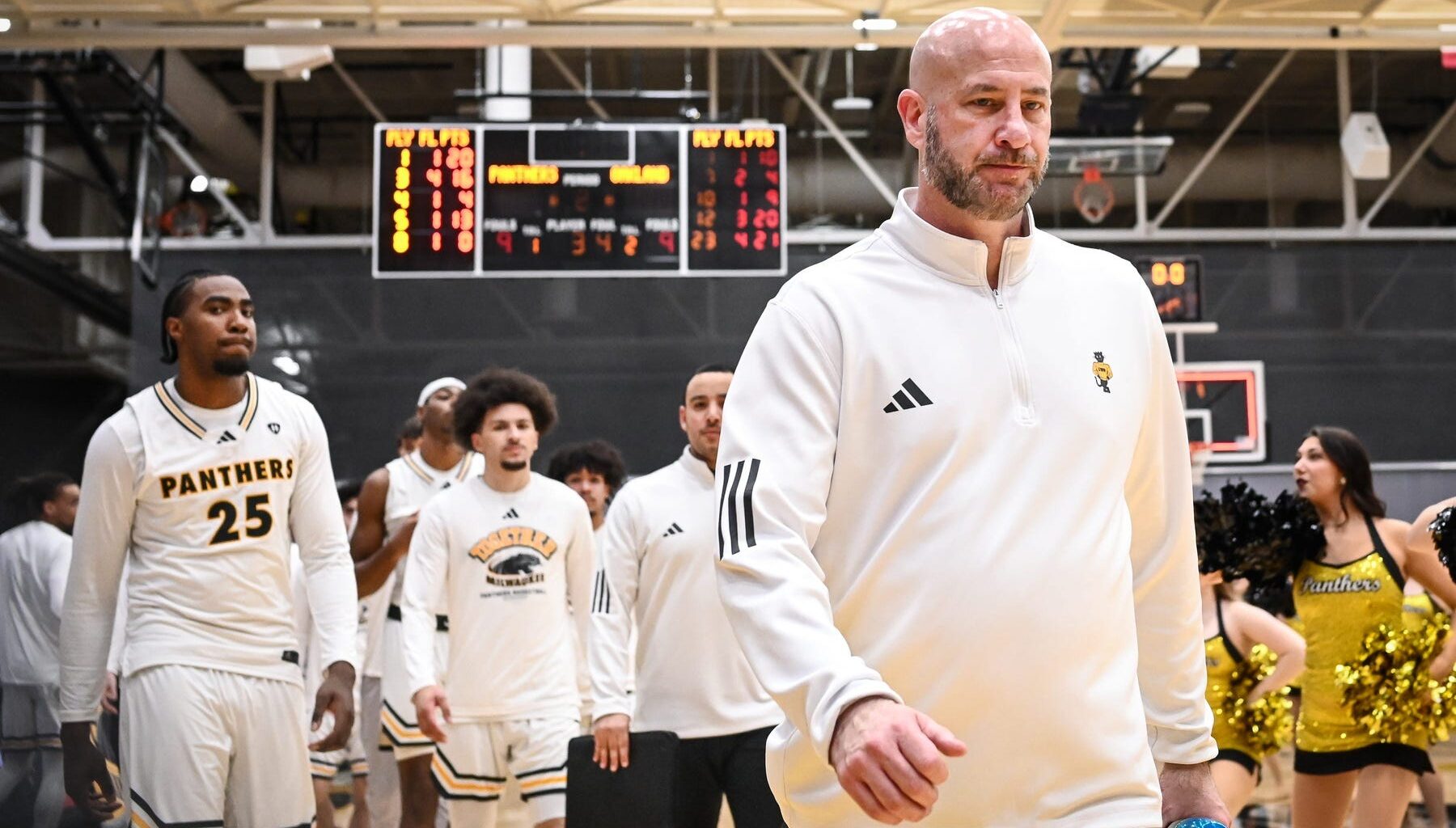 UW-Milwaukee Panthers coach Bart Lundy walks off the court after a 72-64 loss against the Oakland Golden Grizzlies in a Horizon League quarterfinal Thursday, March 6, 2025, at the Klotsche Center in Milwaukee, Wisconsin.