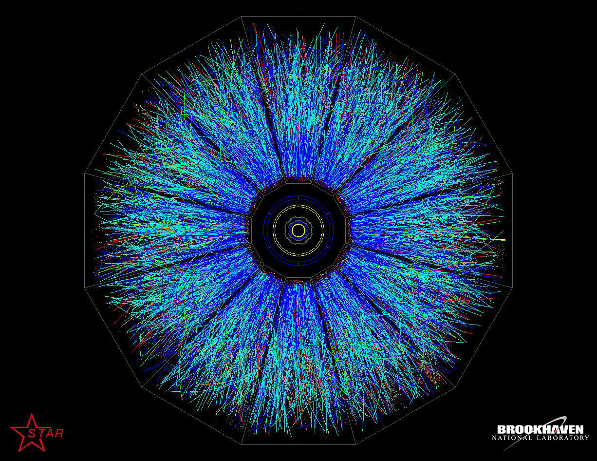 Researchers are probing the secrets of matter by studying collisions like these captured by the STAR detector at the Relativistic Heavy Ion Collider. (Credit : Brookhaven National Laboratory)