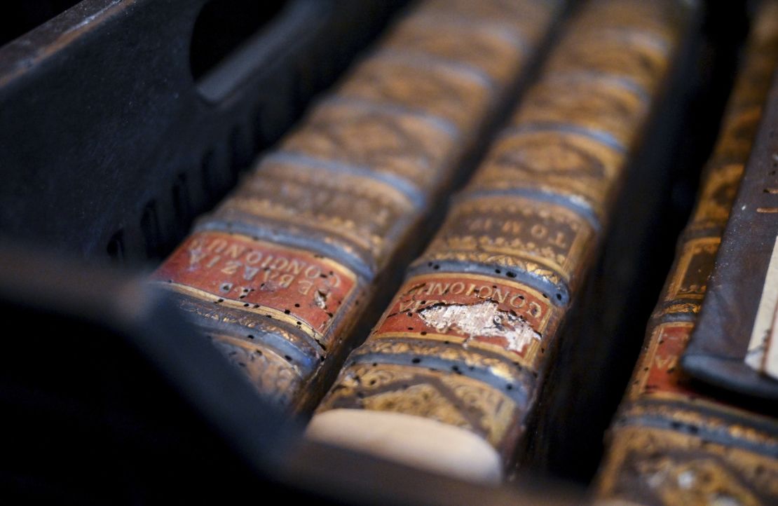 Structural damage of old books due to a drugstore beetle infestation, at the Pannonhalma Archabbey's library in Pannonhalma, Hungary, Thursday, July 3, 2025, as a beetle infestation threatens its ancient collection. (Pannonhalma Archabbey via AP)