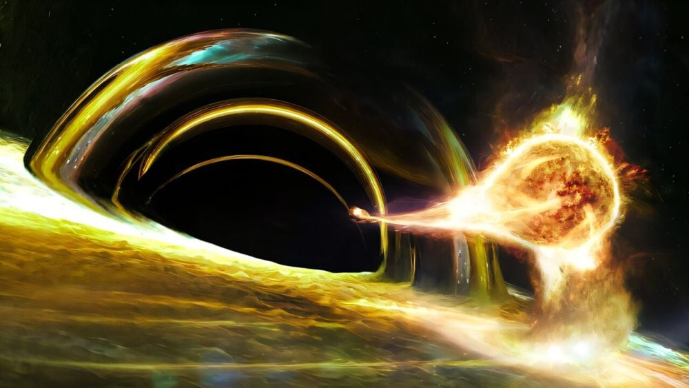 This illustration shows a star being stretched and torn apart by a supermassive black hole. Astronomers detected the flare from this event for the second time, posing a question to our understanding of tidal disruption events. Image Credit: Quasar Science Resources for ESA.