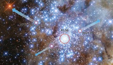 This image and text show the runaway stars VFTS 590, the binary star Mel 39 and the binary star Mel 34 ejected in near-collisions from cluster R136 in the Tarantula Nebula. Astronomers have recreated the expulsion to learn what was behind it. Credit: NASA, ESA, P. Crowther/University of Sheffield, Mitchel Stoop.