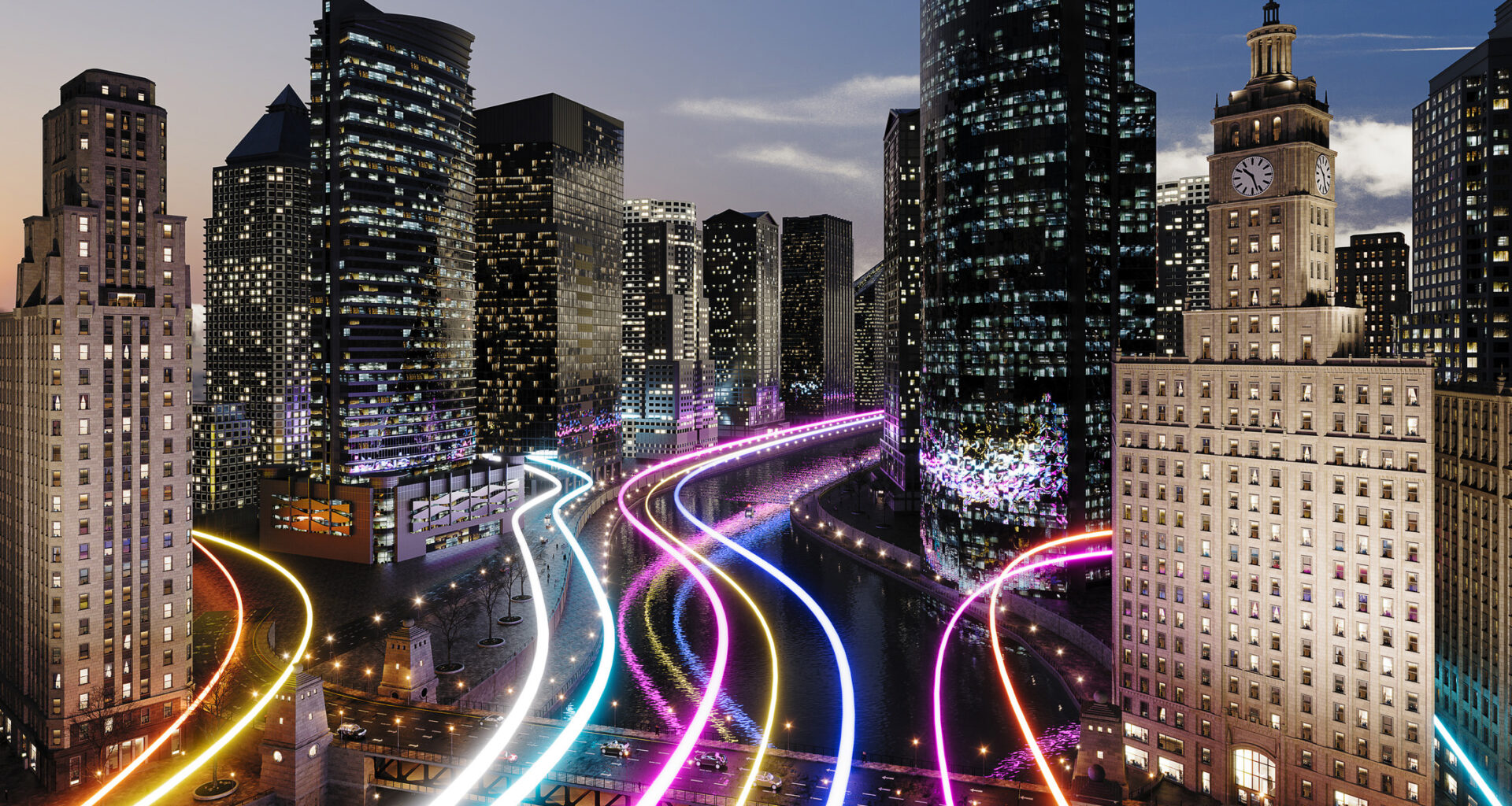 Glowing light trails surround the smart city. (3d render)