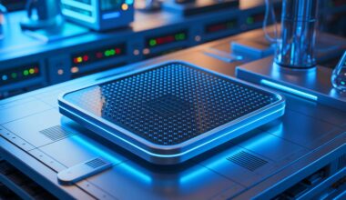 Illustration of a metasurface device used for photon-based quantum information processing, generated by artificial intelligence.