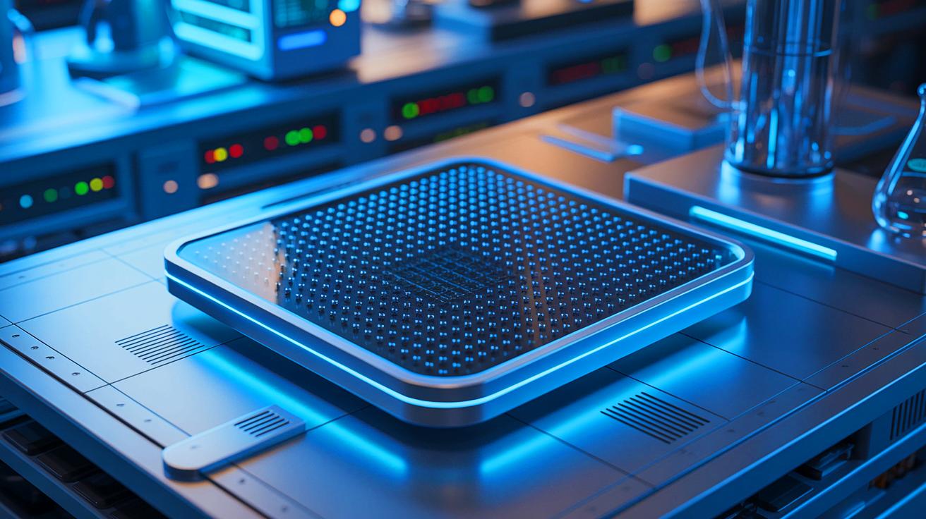 Illustration of a metasurface device used for photon-based quantum information processing, generated by artificial intelligence.