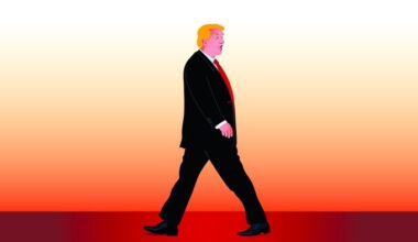 Illustration of Trump’s feet turned backwards while he walks forwards