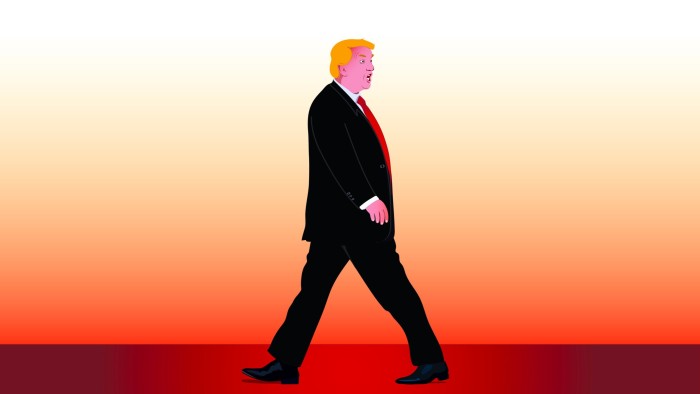 Illustration of Trump’s feet turned backwards while he walks forwards