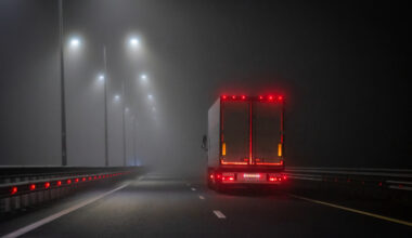 The truck is driving along the night road in the fog. Rear red lights are visible. There is street lighting.