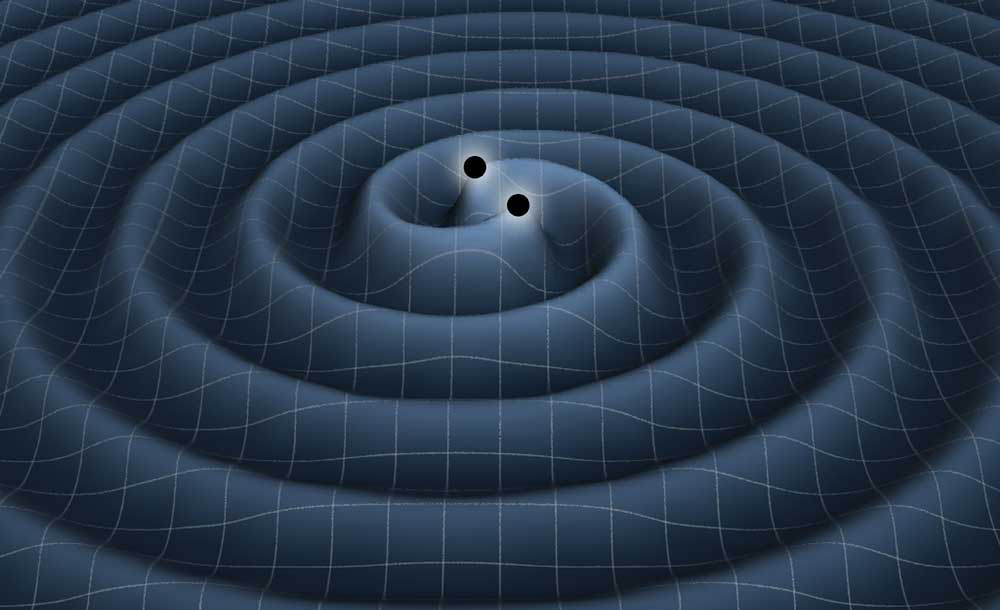 This artist's illustration depicts the creation of gravitational waves from two orbiting black holes as ripples in space-time. In March 2014, astronomers announced the first detection of long-sought gravitational waves, though some critics now say the finding could be merely dust.
