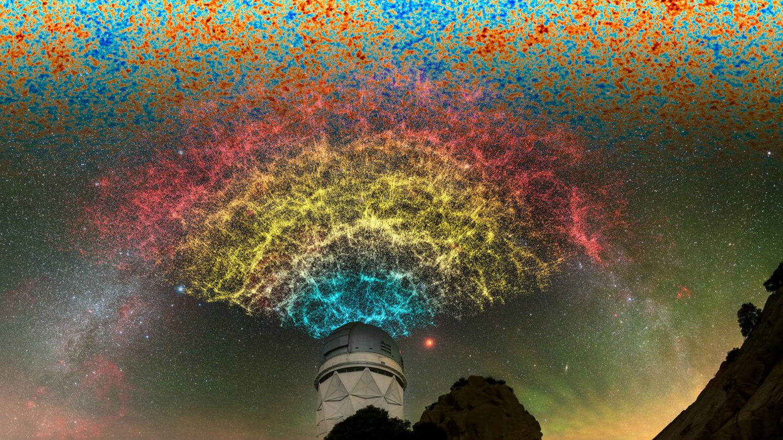 An illustration of an observatory with blue, yellow, and red lines across the sky above it