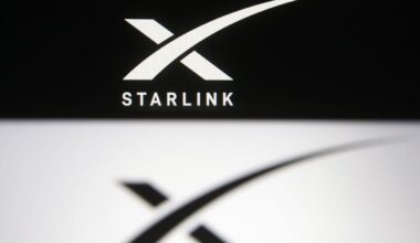 Photo illustration of a Starlink logo in black and while