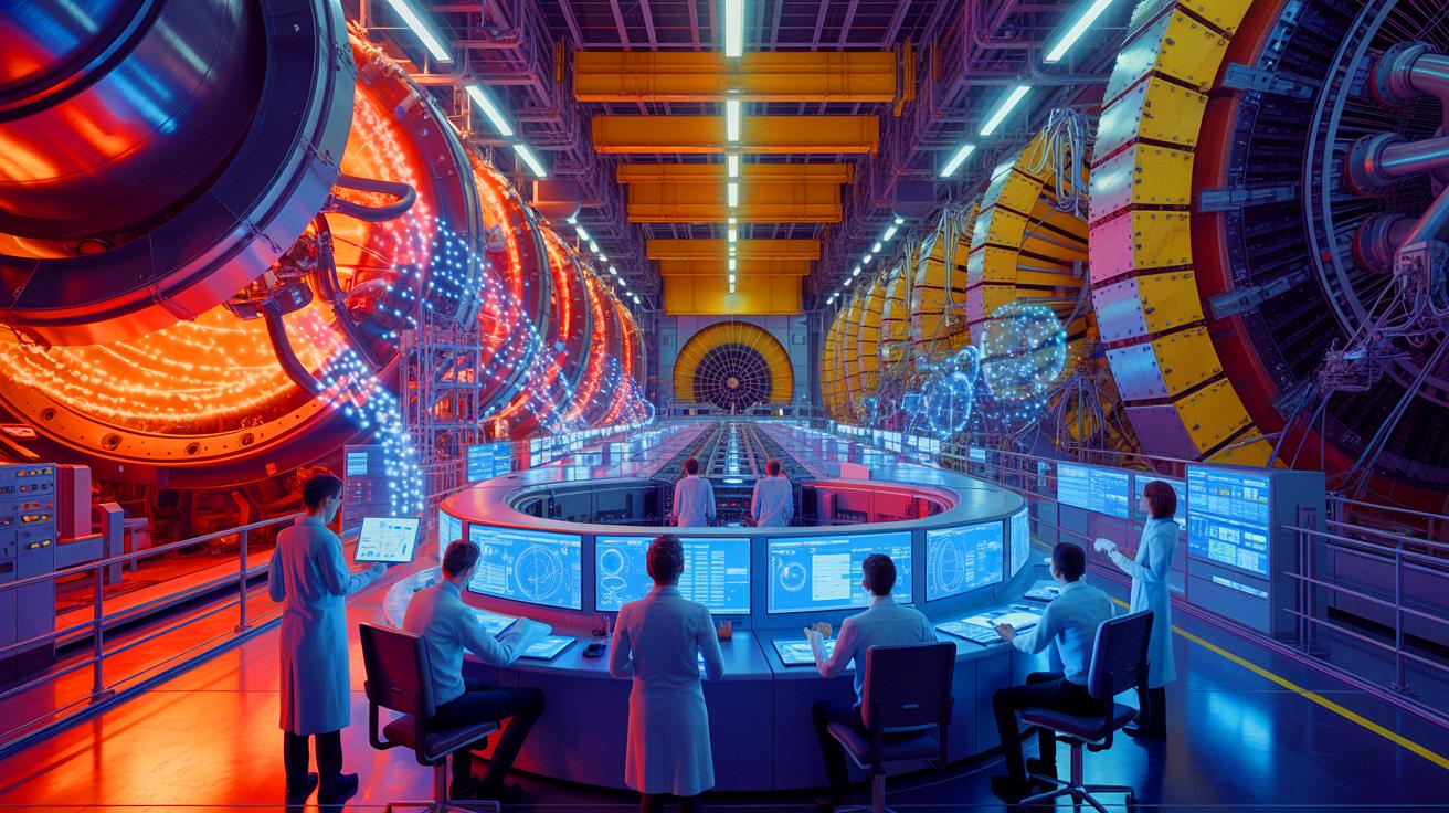 Illustration of Higgs boson decay process, generated by artificial intelligence.