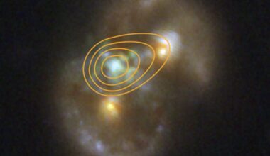 This is an image from the James Webb Space Telescope’s NIRCam overlayed with a contour map of data from the Very Large Array radio telescope. It shows the 'Infinity Galaxy,' named because it looks like the symbol for infinity. It has two very compact nuclei formed by a collision between two galaxies. It also has a supermassive black hole in between them. Could it be a direct-collapse black hole? Image Credit: