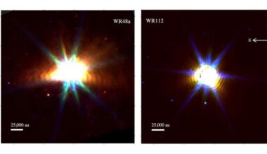 The JWST revealed the presence of intact dust shells around two Wolf-Rayet stars. These stars are among the most massive and extreme stars in the Universe. They're known for their intense luminosity and powerful stellar winds. They're nearing the end of their lives and will explode as supernovae or collapse into black holes. Image Credit: Embry‑Riddle/JWST