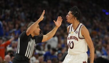 Apr 5, 2025; San Antonio, TX, USA;  Auburn Tigers guard Chad Baker-Mazara (10) reacts against the Florida Gators in the semifinals of the men's Final Four of the 2025 NCAA Tournament at the Alamodome. Mandatory Credit: Robert Deutsch-Imagn Images