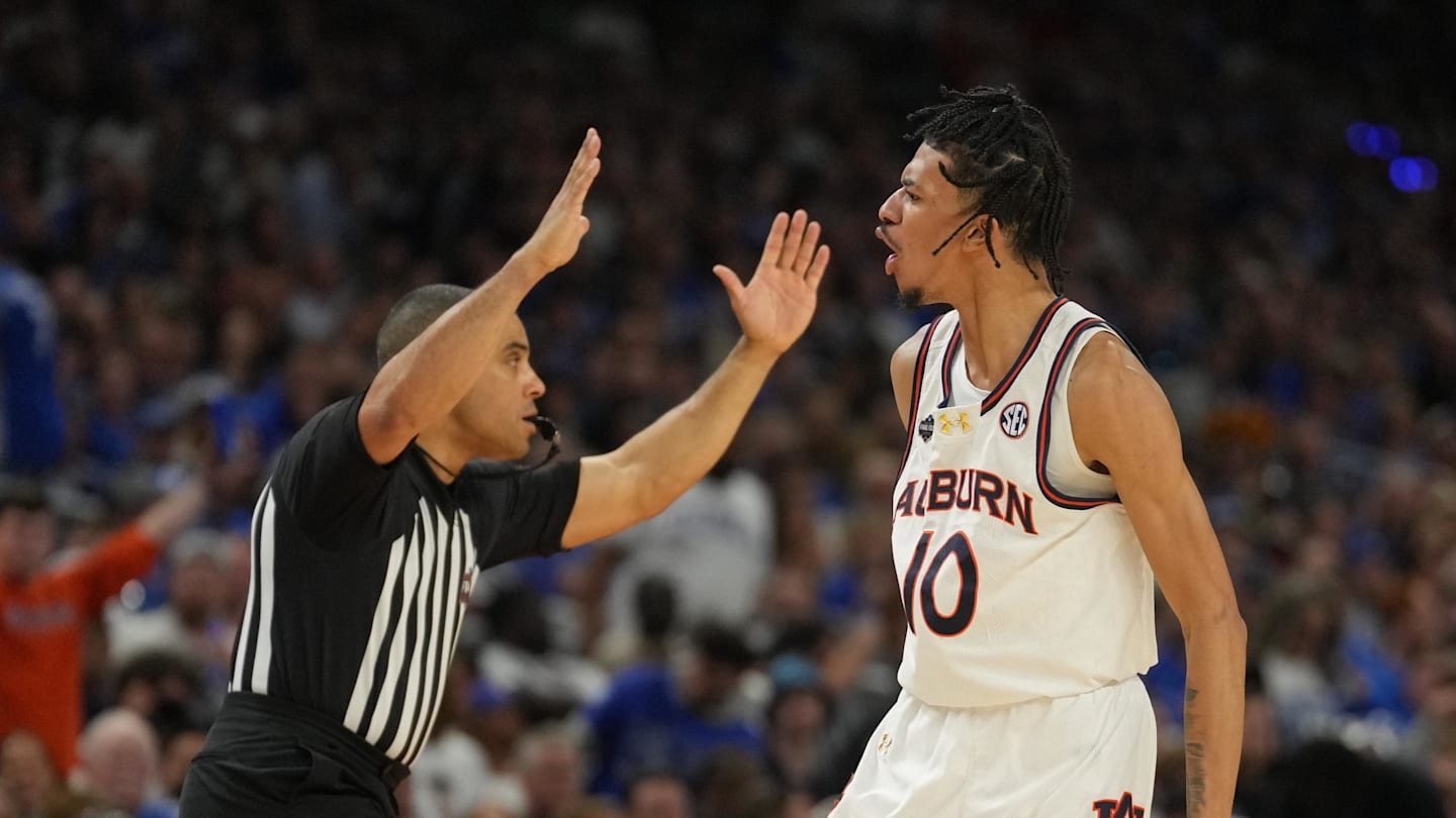 Apr 5, 2025; San Antonio, TX, USA;  Auburn Tigers guard Chad Baker-Mazara (10) reacts against the Florida Gators in the semifinals of the men's Final Four of the 2025 NCAA Tournament at the Alamodome. Mandatory Credit: Robert Deutsch-Imagn Images