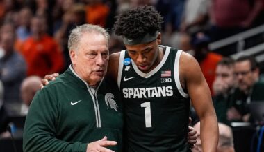 Michigan State head coach Tom Izzo talks to guard Jeremy Fears Jr. (1) after a play against Auburn during the second half of the Elite Eight round of NCAA tournament at State Farm Arena in Atlanta, Ga. on Sunday, March 30, 2025.