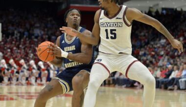 Jan 30, 2024; Dayton, Ohio, USA;  George Washington forward Darren Buchanan Jr. (3) drives against Dayton Flyers forward DaRon Holmes II (15) at University of Dayton Arena. Mandatory Credit: Matt Lunsford-Imagn Images