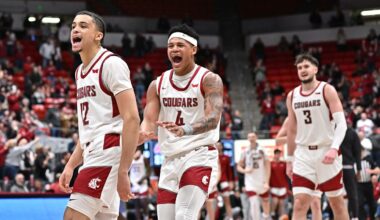 Feb 8, 2025; Pullman, Washington, USA; Washington State Cougars guard Isaiah Watts (12) and forward LeJuan Watts (4) celebrate during a game against the Pepperdine Waves in the second half at Friel Court at Beasley Coliseum. Washington State Cougars won 87-86. Mandatory Credit: James Snook-Imagn Images