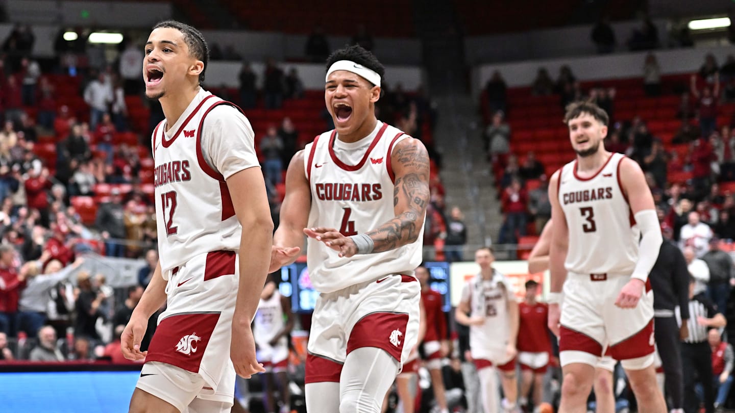 Feb 8, 2025; Pullman, Washington, USA; Washington State Cougars guard Isaiah Watts (12) and forward LeJuan Watts (4) celebrate during a game against the Pepperdine Waves in the second half at Friel Court at Beasley Coliseum. Washington State Cougars won 87-86. Mandatory Credit: James Snook-Imagn Images