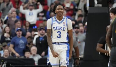 Mar 23, 2025; Raleigh, NC, USA; Duke Blue Devils guard Isaiah Evans (3) celebrates after a play during the second half against the Baylor Bears in the second round of the NCAA Tournament.
