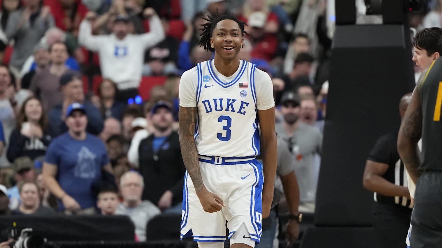 Mar 23, 2025; Raleigh, NC, USA; Duke Blue Devils guard Isaiah Evans (3) celebrates after a play during the second half against the Baylor Bears in the second round of the NCAA Tournament.