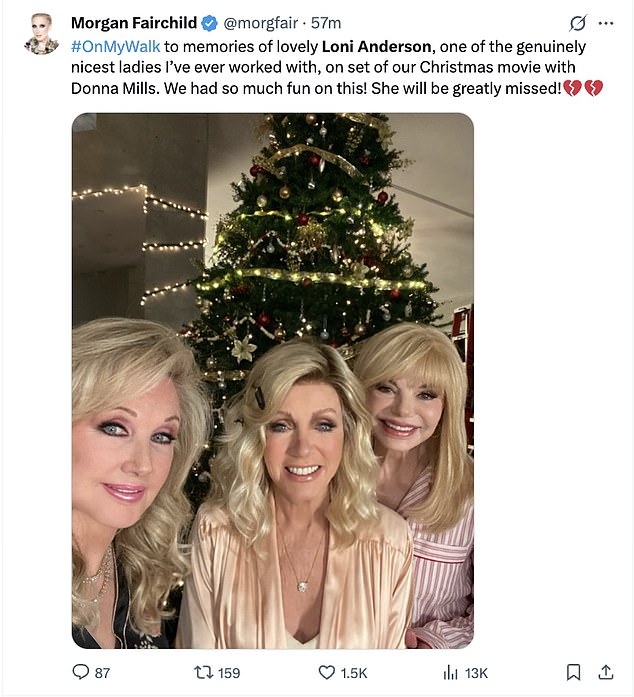 Anderson's Hollywood pal Morgan Fairchild remembered her late friend in a series of posts