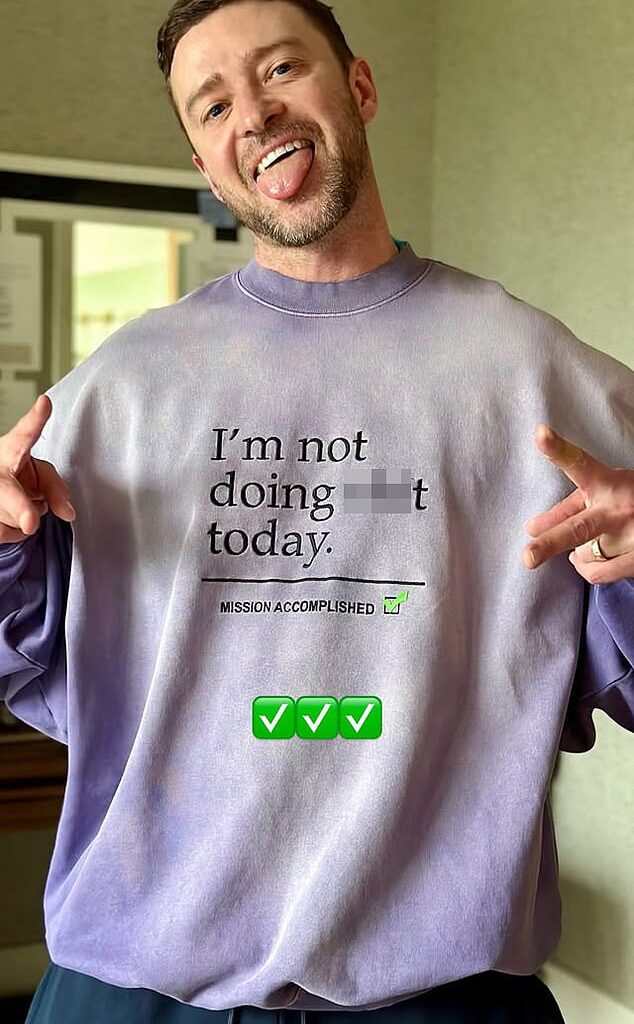 Justin Timberlake put on his sweats and declared via Instastory Monday that he was 'not doing s*** today' after 'accomplishing the mission' of finishing his $205.2M-grossing, 121-date The Forget Tomorrow World Tour