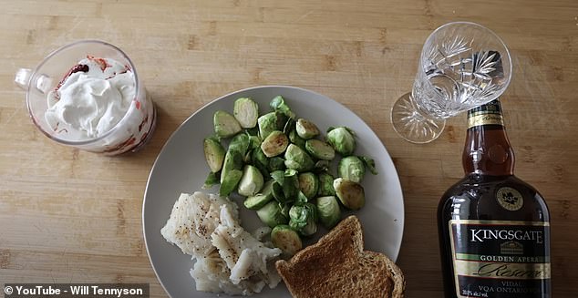 Tennyson makes a lunch with cod, Brussel sprouts, and a piece of dry toast. For dessert, he interprets 'fruit out of a pudding' as a dish made with strawberries and whipped cream and as a drink, he opts for sherry