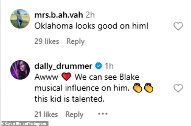 Instagram user dally_drummer: ' Awww! We can see Blake musical influence on him. This kid is talented'