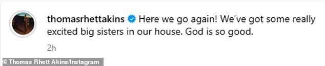 The 35-year-old country crooner captioned their baby news: 'Here we go again! We've got some really excited big sisters in our house. God is so good'