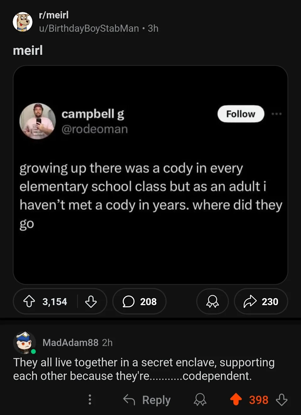 Tweet pondering common elementary school name "Cody." Comment jokes about adult Codependency